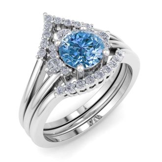 1 1/5 Carat Blue Diamond Bridal Set With Crown In 14 Karat White Gold