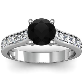 1 1/2 Carat Round Shape Black Diamond Engagement Ring In 14 Karat White Gold