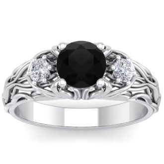 1 1/4 Carat Round Shape Black Diamond Intricate Vine Engagement Ring In 14 Karat White Gold