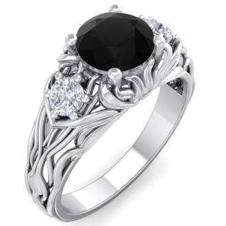 1 1/4 Carat Round Shape Black Diamond Intricate Vine Engagement Ring In 14 Karat White Gold