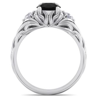 1 1/4 Carat Round Shape Black Diamond Intricate Vine Engagement Ring In 14 Karat White Gold