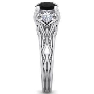 1 1/4 Carat Round Shape Black Diamond Intricate Vine Engagement Ring In 14 Karat White Gold