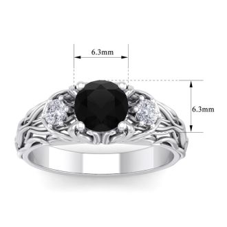 1 1/4 Carat Round Shape Black Diamond Intricate Vine Engagement Ring In 14 Karat White Gold