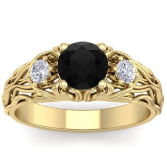 1 1/4 Carat Round Shape Black Diamond Intricate Vine Engagement Ring In 14 Karat Yellow Gold