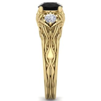 1 1/4 Carat Round Shape Black Diamond Intricate Vine Engagement Ring In 14 Karat Yellow Gold