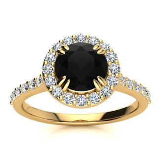 1 1/4 Carat Round Shape Halo Black Diamond Engagement Ring In 14 Karat Yellow Gold