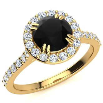 1 1/4 Carat Round Shape Halo Black Diamond Engagement Ring In 14 Karat Yellow Gold