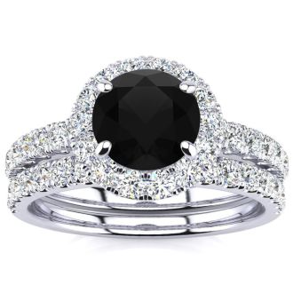 2 Carat Round Black Diamond Halo Bridal Set In 14 Karat White Gold