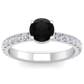 1 1/2 Carat Round Shape Hidden Halo Black Diamond Engagement Ring In 14 Karat White Gold