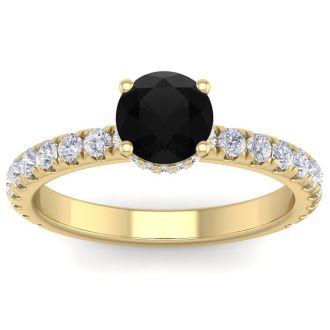 1 1/2 Carat Round Shape Hidden Halo Black Diamond Engagement Ring In 14 Karat Yellow Gold