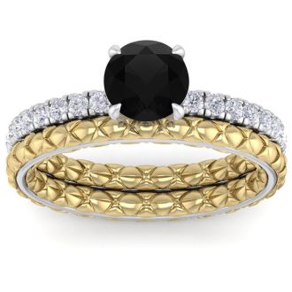 1 1/2 Carat Round Shape Black Diamond Bridal Set In Quilted 14 Karat White and Yellow Gold