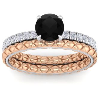 1 1/2 Carat Round Shape Black Diamond Bridal Set In Quilted 14 Karat White and Rose Gold