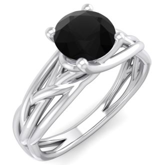 1 Carat Round Black Diamond Solitaire Intricate Vine Engagement Ring In 14 Karat White Gold