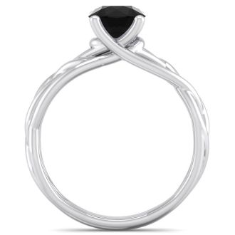 1 Carat Round Black Diamond Solitaire Intricate Vine Engagement Ring In 14 Karat White Gold