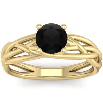 1 Carat Round Black Diamond Solitaire Intricate Vine Engagement Ring In 14 Karat Yellow Gold