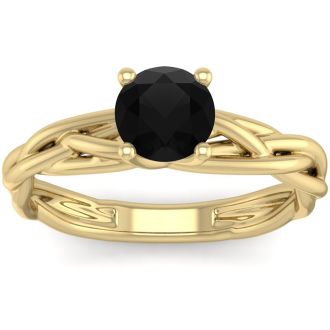 1 Carat Round Black Diamond Solitaire Intricate Vine Engagement Ring With Tapered Band In 14 Karat Yellow Gold
