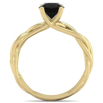 1 Carat Round Black Diamond Solitaire Intricate Vine Engagement Ring With Tapered Band In 14 Karat Yellow Gold