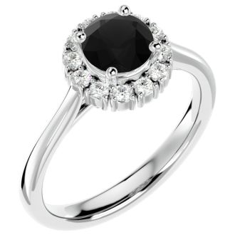 1 1/3 Carat Halo Black Diamond Engagement Ring In 14 Karat White Gold