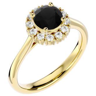 1 1/3 Carat Halo Black Diamond Engagement Ring In 14 Karat Yellow Gold