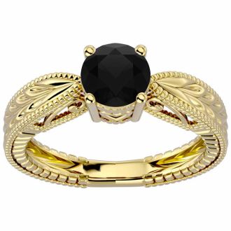 1 Carat Black Diamond Solitaire Engagement Ring with Tapered Etched Band In 14 Karat Yellow Gold