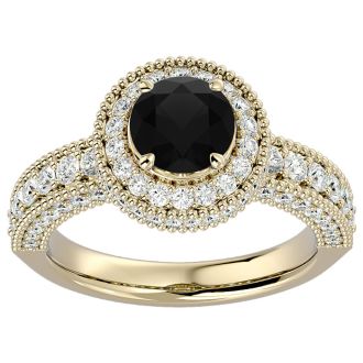 2 1/2 Carat Black Diamond Halo Engagement Ring In 14 Karat Yellow Gold