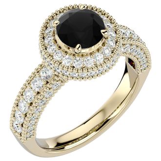 2 1/2 Carat Black Diamond Halo Engagement Ring In 14 Karat Yellow Gold