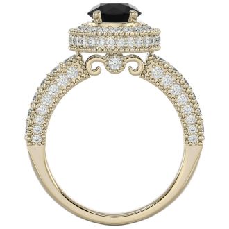 2 1/2 Carat Black Diamond Halo Engagement Ring In 14 Karat Yellow Gold