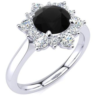 3/4 Carat Round Shape Flower Halo Black Diamond Engagement Ring In 14K White Gold