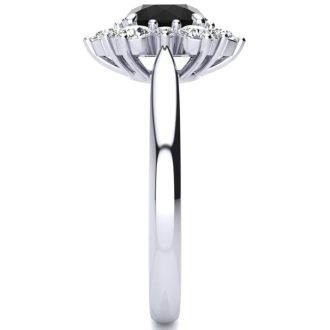 3/4 Carat Round Shape Flower Halo Black Diamond Engagement Ring In 14K White Gold