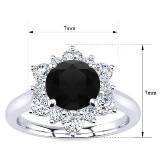3/4 Carat Round Shape Flower Halo Black Diamond Engagement Ring In 14K White Gold