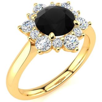 3/4 Carat Round Shape Flower Halo Black Diamond Engagement Ring In 14K Yellow Gold
