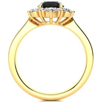 3/4 Carat Round Shape Flower Halo Black Diamond Engagement Ring In 14K Yellow Gold