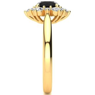 3/4 Carat Round Shape Flower Halo Black Diamond Engagement Ring In 14K Yellow Gold