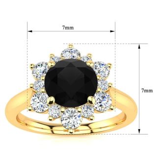 3/4 Carat Round Shape Flower Halo Black Diamond Engagement Ring In 14K Yellow Gold