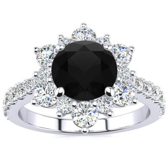 1 Carat Round Shape Flower Halo Black Diamond Engagement Ring In 14K White Gold