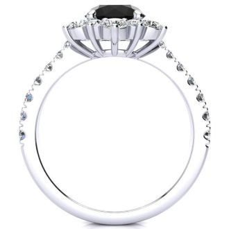 1 Carat Round Shape Flower Halo Black Diamond Engagement Ring In 14K White Gold