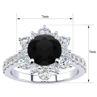 1 Carat Round Shape Flower Halo Black Diamond Engagement Ring In 14K White Gold