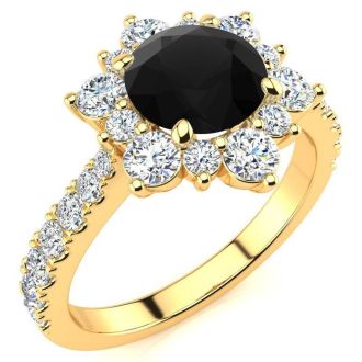 1 Carat Round Shape Flower Halo Black Diamond Engagement Ring In 14K Yellow Gold