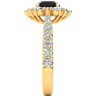 1 Carat Round Shape Flower Halo Black Diamond Engagement Ring In 14K Yellow Gold
