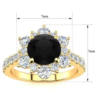 1 Carat Round Shape Flower Halo Black Diamond Engagement Ring In 14K Yellow Gold