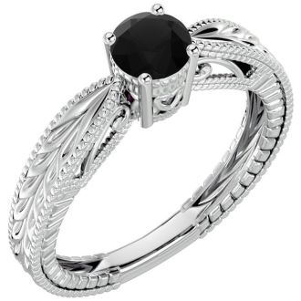 1/2 Carat Black Diamond Solitaire Engagement Ring with Tapered Etched Band In 14 Karat White Gold