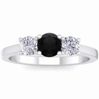 1 Carat Black Diamond Three Stone Ring In 14 Karat White Gold