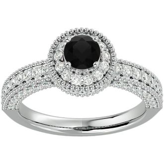 1 1/2 Carat Black Diamond Halo Engagement Ring In 14 Karat White Gold