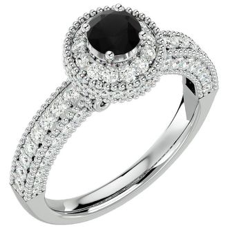 1 1/2 Carat Black Diamond Halo Engagement Ring In 14 Karat White Gold