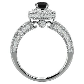 1 1/2 Carat Black Diamond Halo Engagement Ring In 14 Karat White Gold