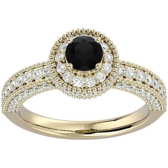 1 1/2 Carat Black Diamond Halo Engagement Ring In 14 Karat Yellow Gold