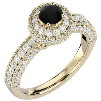 1 1/2 Carat Black Diamond Halo Engagement Ring In 14 Karat Yellow Gold