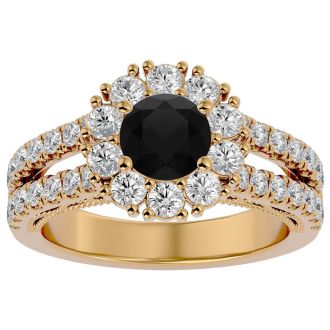 2 1/4 Carat Black Diamond Halo Engagement Ring In 14 Karat Yellow Gold