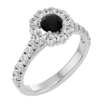 1 1/2 Carat Halo Black Diamond Engagement Ring In 14 Karat White Gold