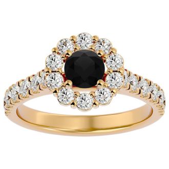 1 1/2 Carat Halo Black Diamond Engagement Ring In 14 Karat Yellow Gold